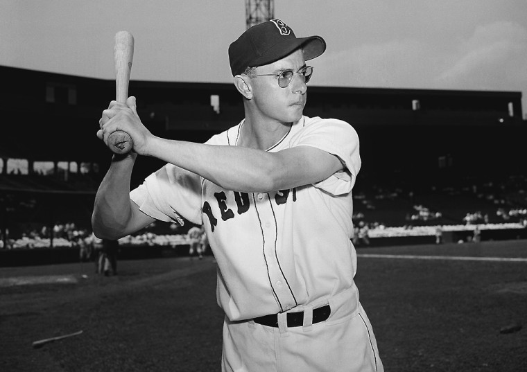 Dom DiMaggio, centerfielder for the Boston Red Sox is shown in this April 22, 1952 file photo. DiMaggio, a seven-time All Star who still holds the record for the longest consecutive game hitting streak in Boston Red Sox history died early Friday morning May 8, 2009 at his Massachusetts home. He was 92.  (AP Photo/Green, File)